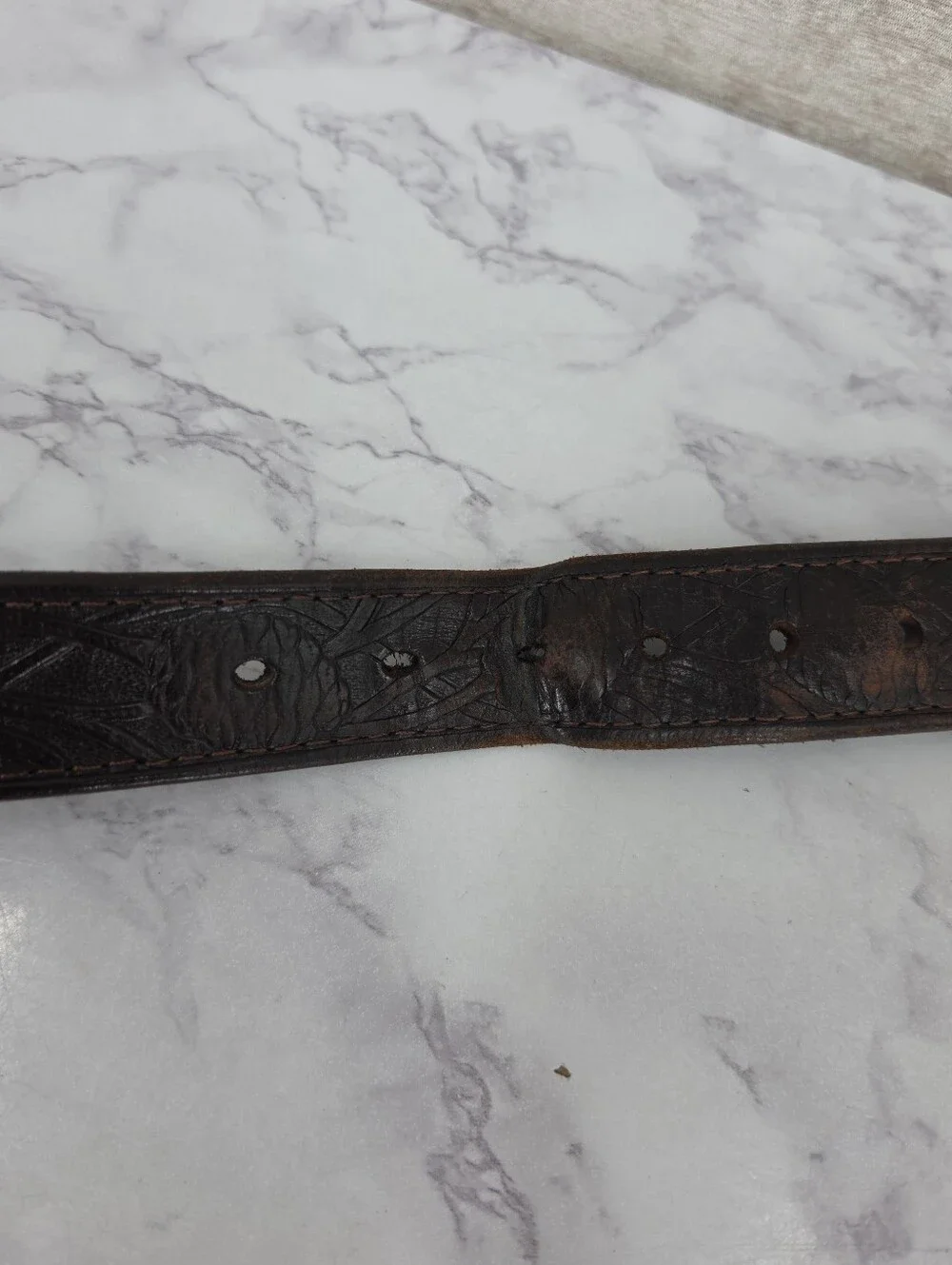 Vintage Western Tooled Sequoia Pine Cone Leather Belt Brass Buckle